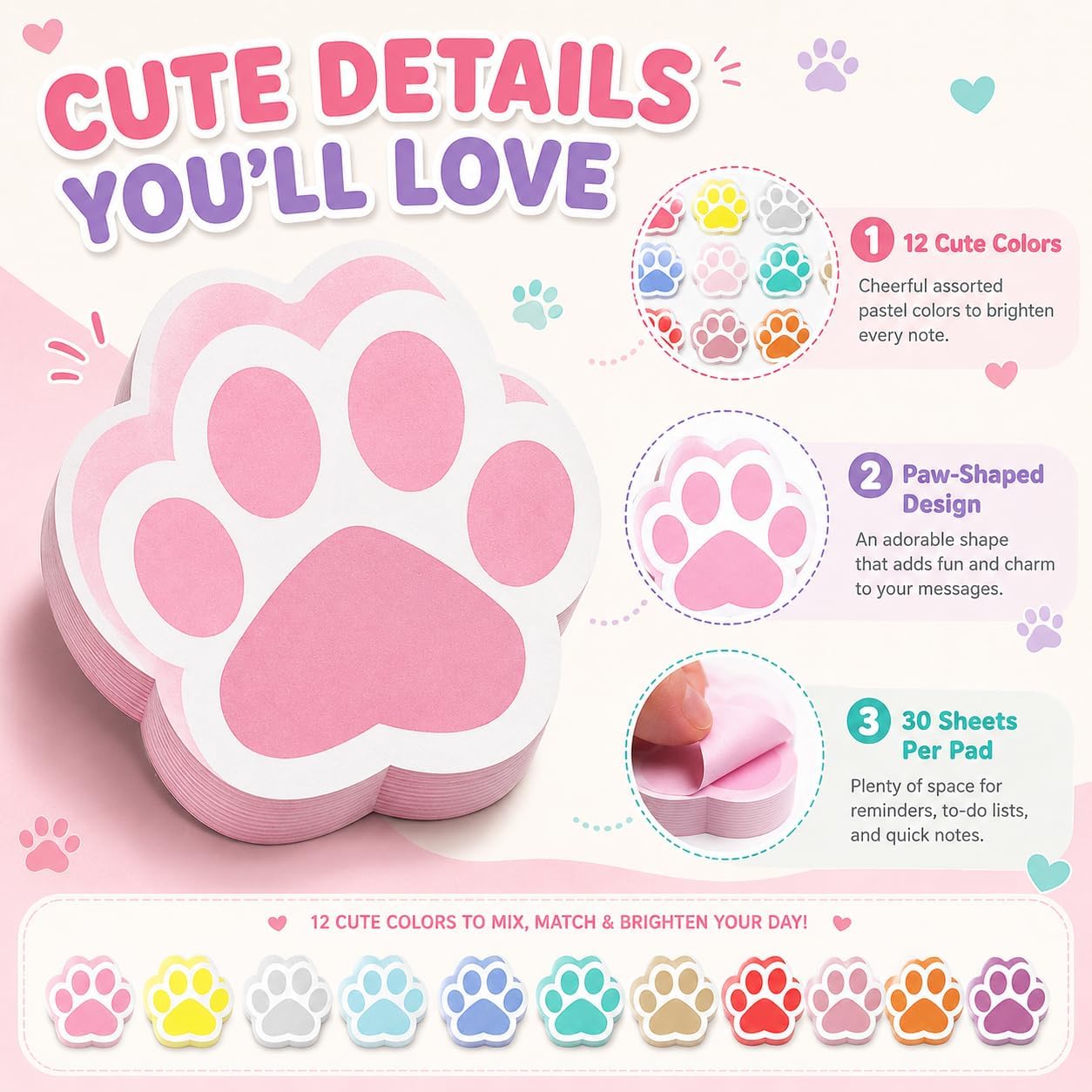 12 Pcs Paw Print Shape Sticky Notes Colorful Dog Paw Shaped Note Pads Cute Animal Self Stick Note Pads Self Adhesive Paper Message Note for Home Office School Stationery Supplies Puppy Themed Party image 4