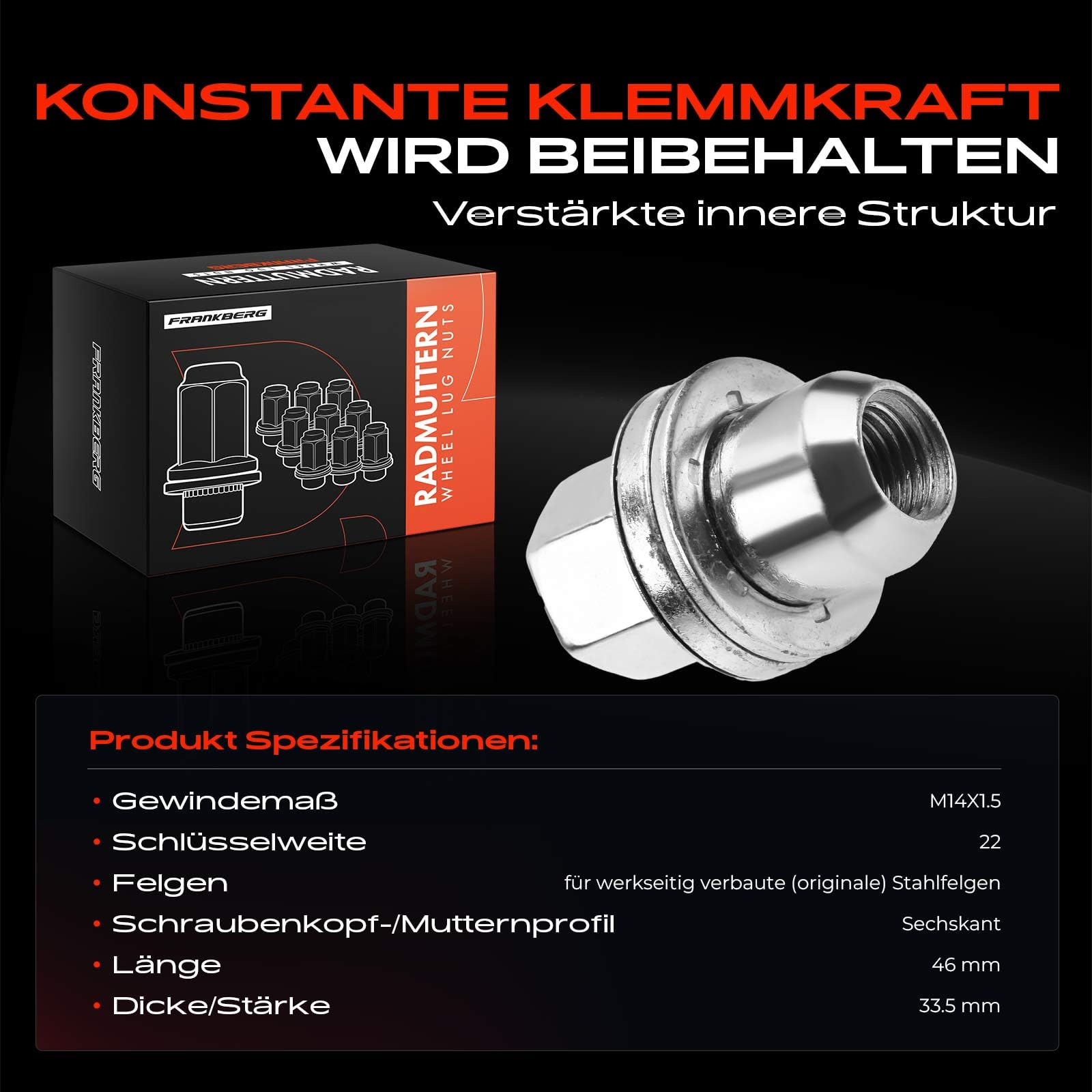 Frankberg 10x Radmutter Vorne Hinten Kompatibel mit Discovery IV/V R-a-n-g-e R-o-v-e-r III/IV/Sport 2.0L-5.0L 2002-2021 RRD500290