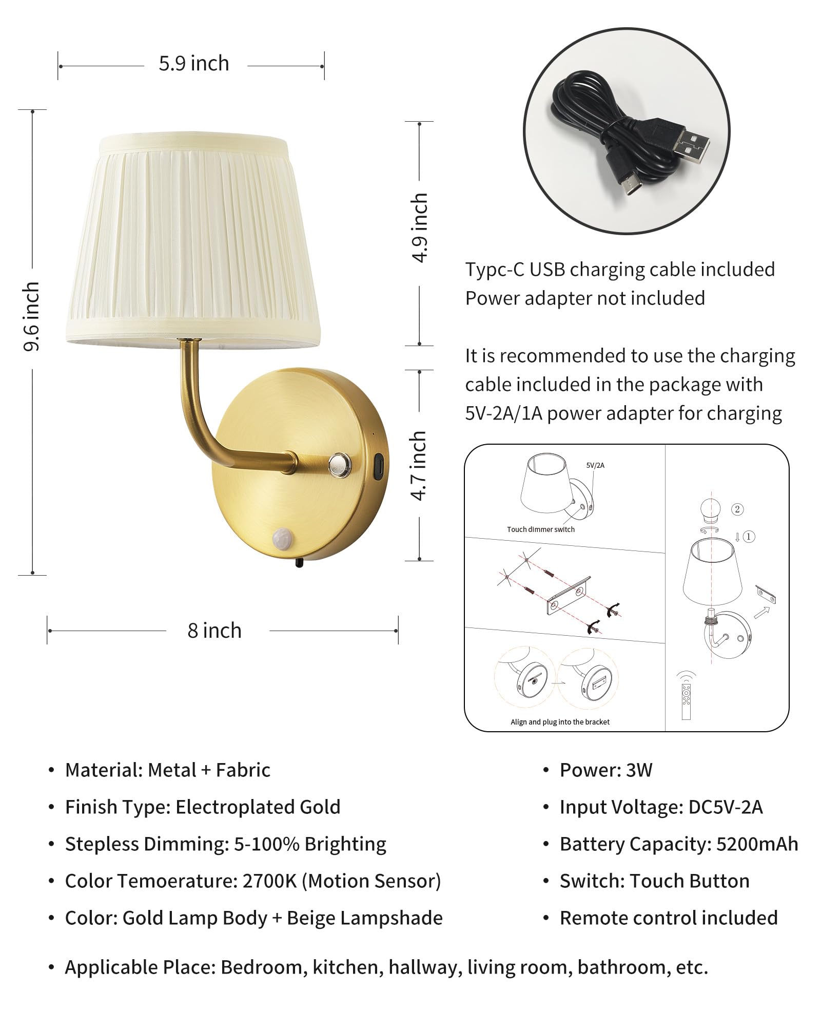 2 Stück wiederaufladbare Wandleuchten mit Bewegungssensor, dimmbare LED-Wandleuchten, 5200-mAh-Akku, inklusive Stofflampenschirm, geeignet für Schlafzimmer, Wohnzimmer und Flur (Gold + Beige)