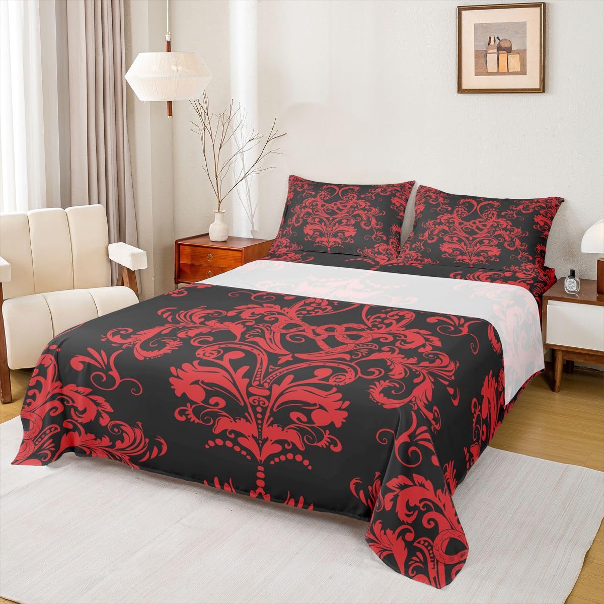 Homewish Czerwony adamaszek zestaw pościeli podwójny serpentyn mały smok gotyckie prześcieradła vintage boho kwiatowy zestaw prześcieradeł - antyczne wiktoriańskie dopasowane prześcieradła wierzchnie