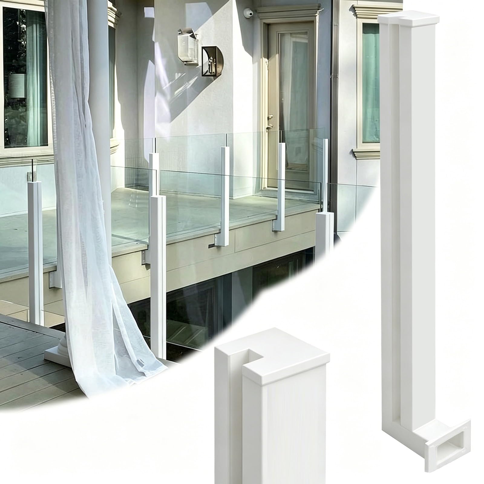 ZAQYCM Deck Balcony Side Mount Glass Balustrade Posts White - Stainless Steel Square Glass Fence Railing Panel Clamps, Stairway/Patio/Hallway Loft/Outside Steps(Right End Post,85cm/33.5 in)