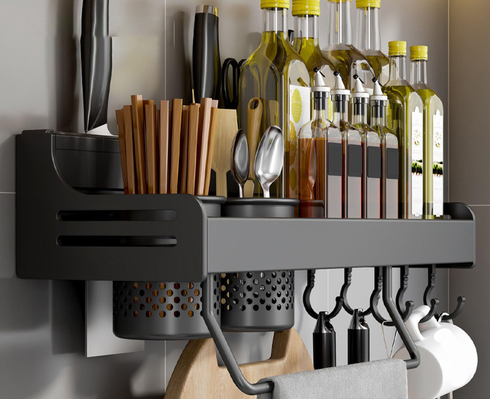 GLJTUO Wall-Mounted Spice Rack - Metal Hanging for Kitchen Spices, Seasoning Holder with Towel Holder, Knife Storage, Hooks & Utensil (Black 40Cm),Black-40Cm