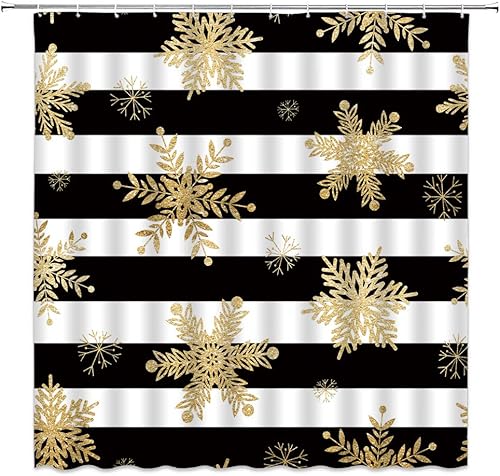 Cortina de ducha con diseño de copos de nieve, color negro y blanco, diseño de copos de nieve dorados, creativo, para invierno, vacaciones,
