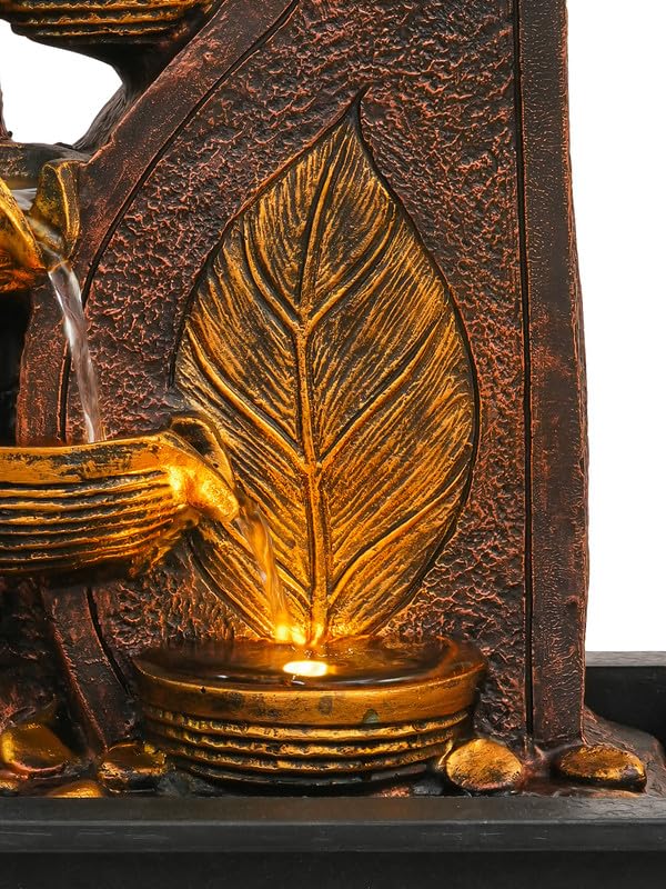 Image of Polyresin Table Top Brown 4 Diya Steps & Golden Leaf Design Indoor Waterfall Fountain for Home Decor with LED Lights & Speed Controller Pump (Size: 40 x 29.5 x 22CM | Weight: 2250grm)