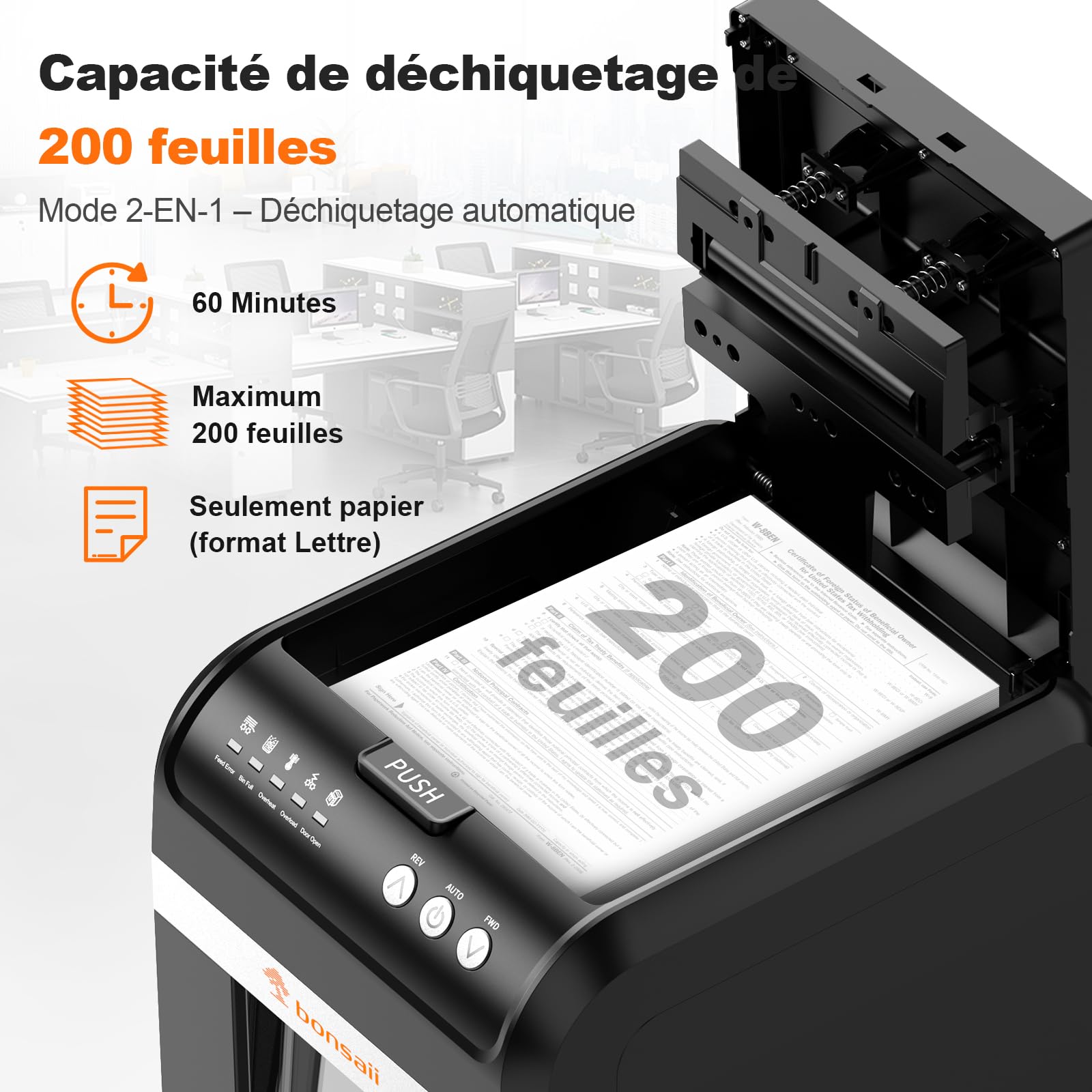 Bonsaii Destructeur de Documents Auto Feed 200 Feuilles, Micro-Coupe P-4, Bac 31L, Silencieux