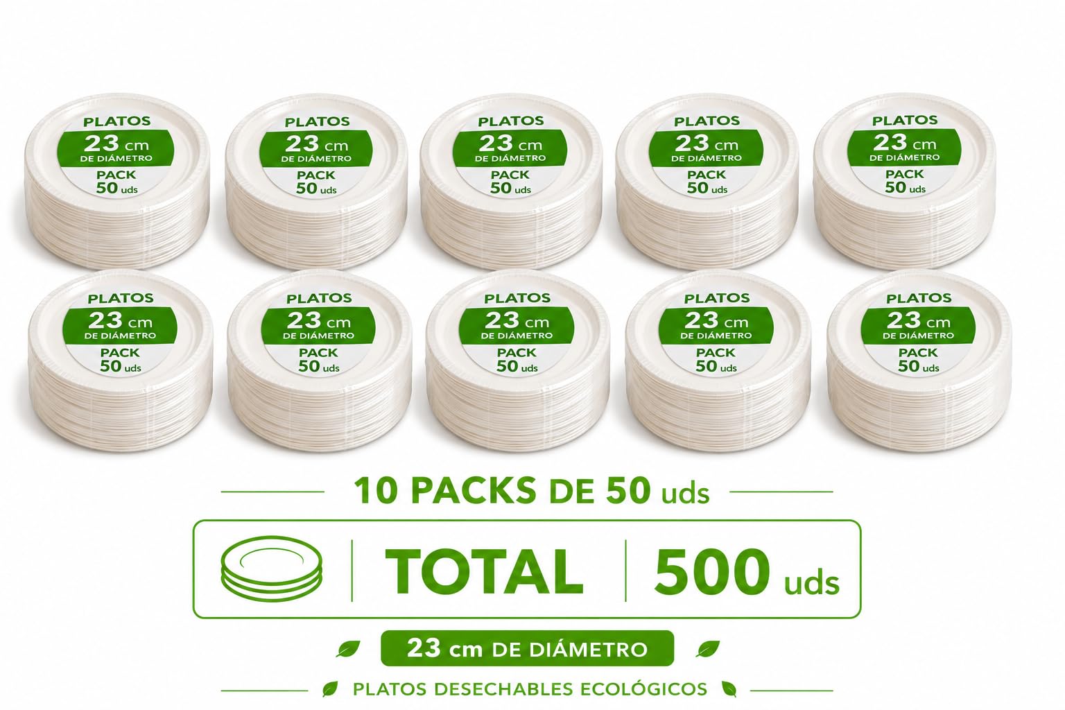 500 platos desechables de bagazo de caña de azucar, de color blanco de 23 cm