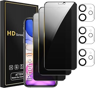 Romkasi 3 Pack Privacy Screen Protector for iPhone 11 6.1 Inch with 3 Pack Camera Lens Protector, Anti Spy Tempered Glass Film, Anti-Scratch, Touch Sensitive, Case Friendly