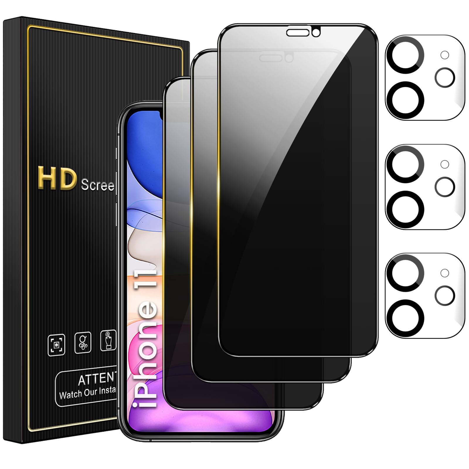 Romkasi 3 Pack Privacy Screen Protector for iPhone 11 6.1 Inch with 3 Pack Camera Lens Protector, Anti Spy Tempered Glass Film, Anti-Scratch, Touch