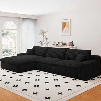 107Cloud Sectional Couch, Boneless Sofa for Living Room, Modular Sectional Sofa with Deep Seat, Fluffy Comfy Couch with L-Shaped Chaise, No Assembly Required Comfy Upholstered Corduroy Couches Black