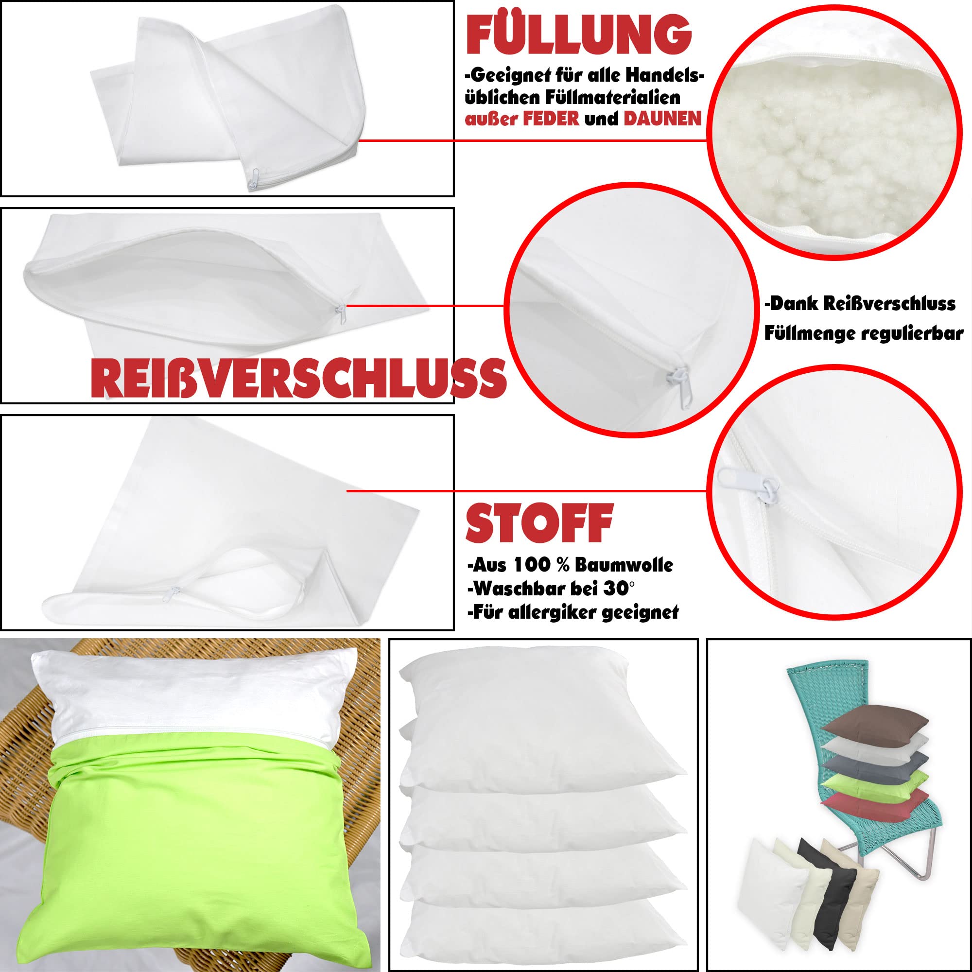 10x Kissen-Inlett 45x45 cm ohne Füllung mit Reißverschluss | 10er Pack Innenkissen leer, 100% Baumwolle, Individuell befüllbar, Kopfkissen Inlett, für Dekokissen, Sofakissen & Bettkissen