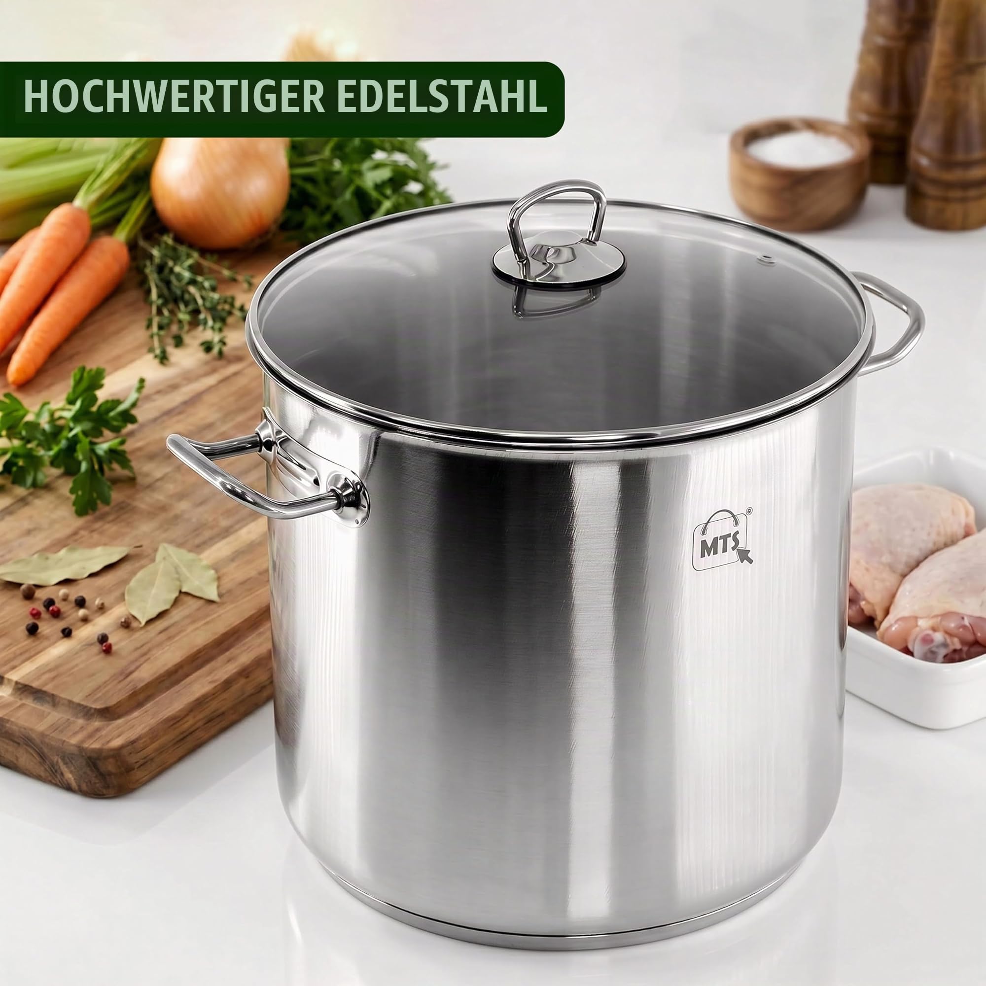 GEEZY Großer Suppentopf aus Edelstahl mit Glasdeckel 20 L – Induktionsboden, alle Herdarten kompatibel, genietete Griffe, belüftete Abdeckung, spülmaschinenfest – unverzichtbare Kochpfanne für Suppen
