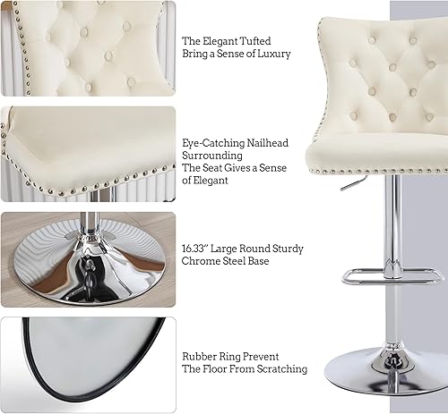Miniatura 64 de Juego de 4 taburetes de bar giratorios ajustables de terciopelo con respaldo copetudo, ribete de cabezas de clavos y anillo de tracción, sillas de