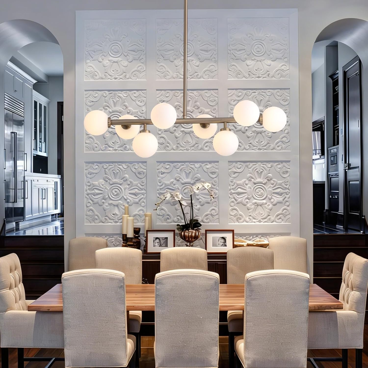 Modern Linear Chandelier, Mid Century Gold Brass Sputnik Pendant Light with White Glass Lampshade,8 Lights Globe Rectangle Chandelier,for Dining Room Kitchen L31.4 xW10.6