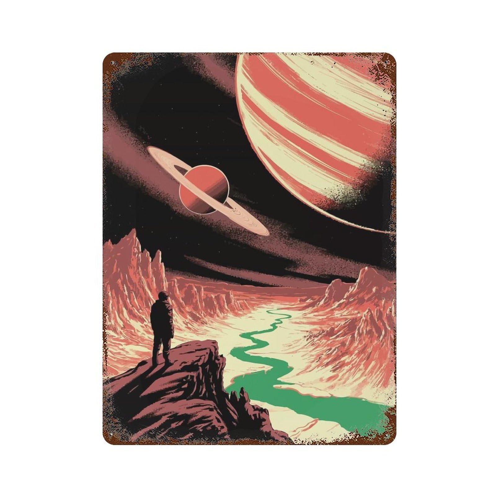 Rust Effect Tin Sign with Man on Alien Planet with Planets Design 15.7"x11.8", for Pub, Kitchen And Man Cave Decor, Industrial Home Decor