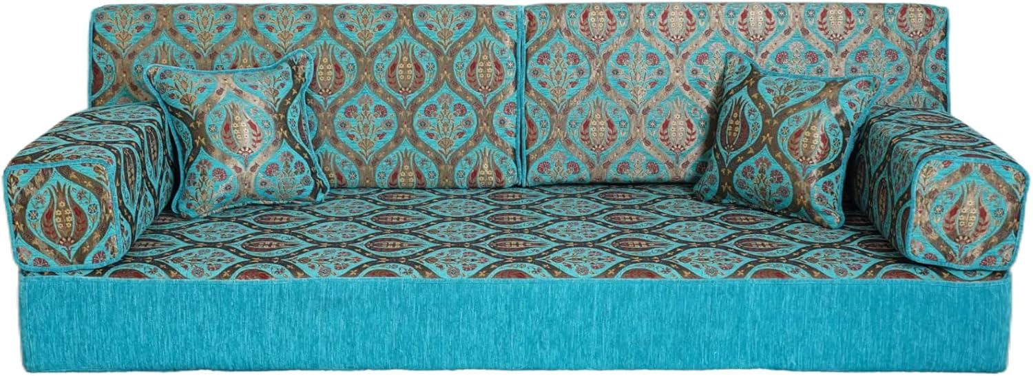 arabicsofa Turquoise Arabic Floor Cushion – Jalsa Sofa Set with Pillows, Traditional Oriental Floor Seating Sofa, Ottoman Couch