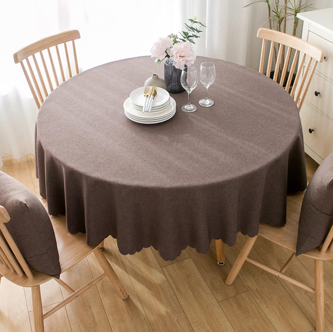 Algodón Lino Mantel Redondo Hoteles Restaurantes Eventos y Fiestas Impermeable Mantels Marrón Oscuro Diámetro 200cm