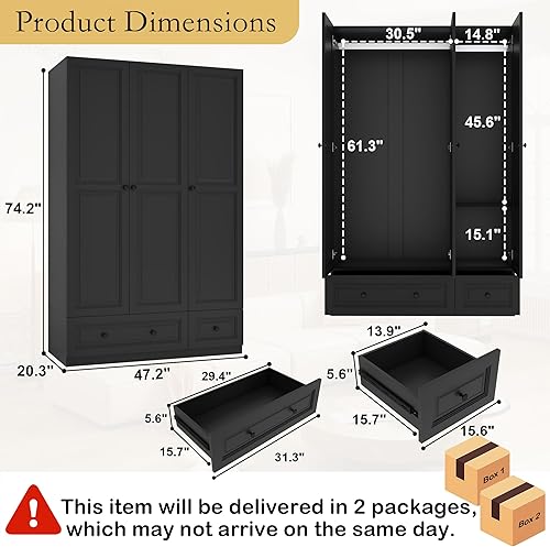 Miniatura 2 de Armario Armario con cajones: armario de dormitorio de 74 pulgadas para ropa colgante, armarios negros con puertas, armario moderno con estantes