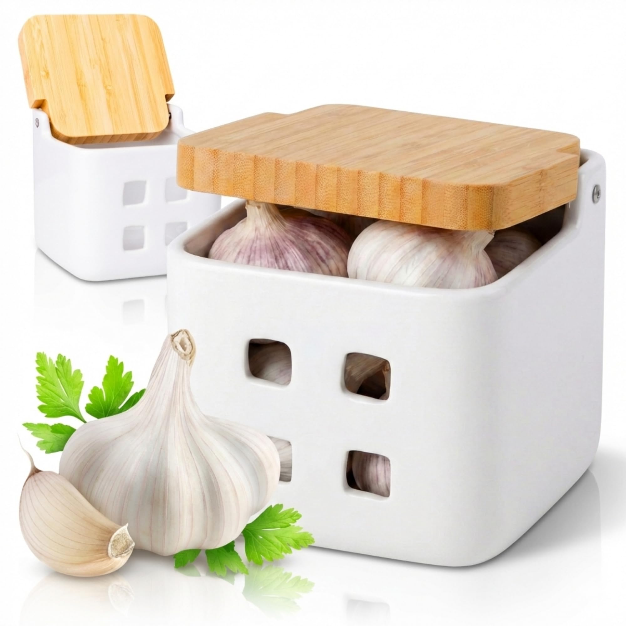 KOOK TIME Ceramic Garlic Keeper with Bamboo Swivel Lid | Garlic Storage Pot with Ventilation Holes for Freshness | Shiny white and Natural Bamboo, 11.5 x 11.5 x 11.5 cm