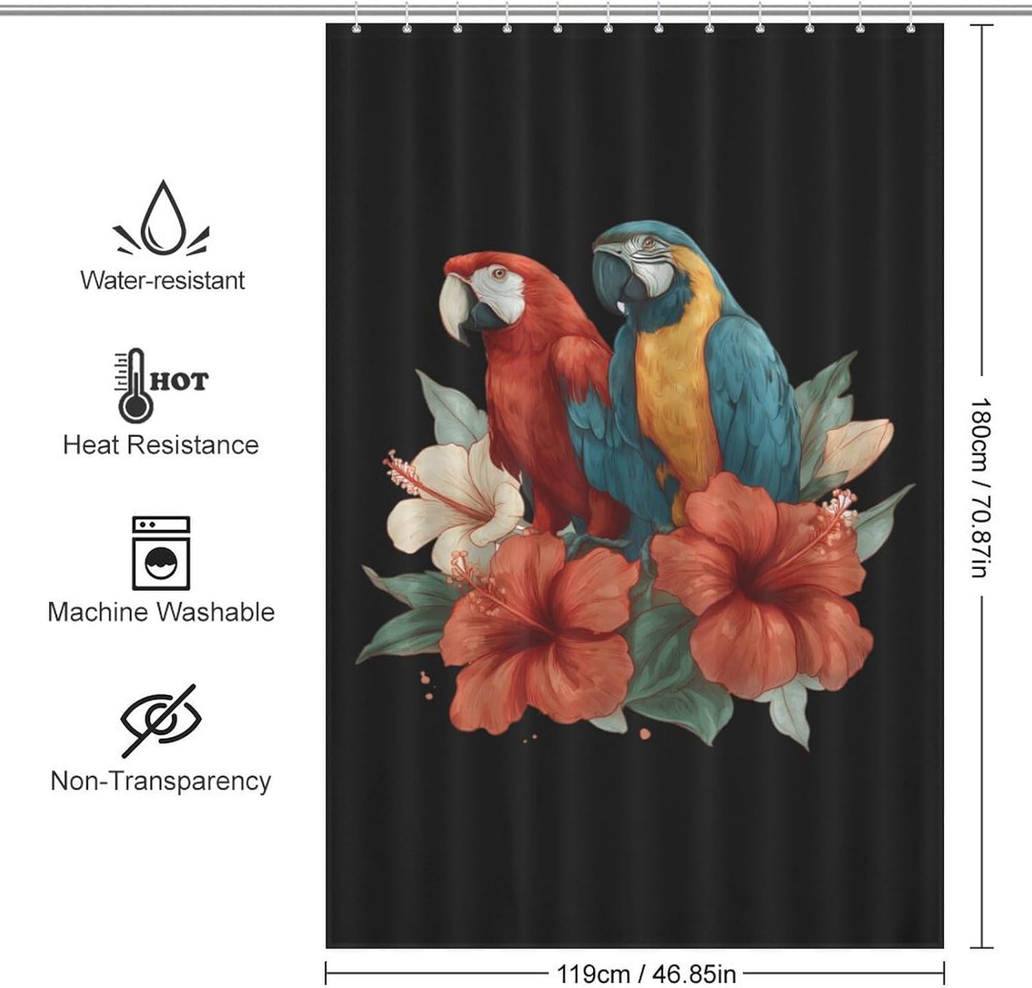 Parrots Hibiscus Hawaiian Shower Curtain 46.85x70.87Inch（119x180cm） Polyester Bath Curtain Shower Curtains Printed Decorative