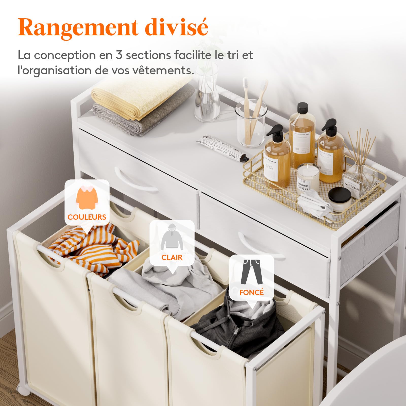 Lifewit Panier a Linge 3 Compartiments Roulettes 135L, Meuble Linge Sale Grande avec 2 Tiroirs et 3 Sac à Linge en Tissu Oxford, Bac à Linge pour Buanderie, Chambres, Salles de Bains, Blanc et beige