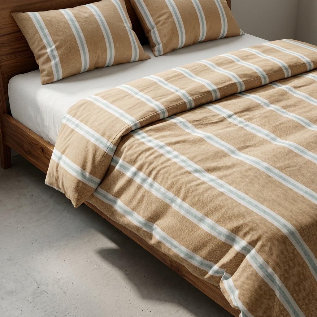Juego Funda nórdica Cama 150/160 100% algodón - 2 Fundas Almohada 50x85 cm, Estampado líneas Taupe