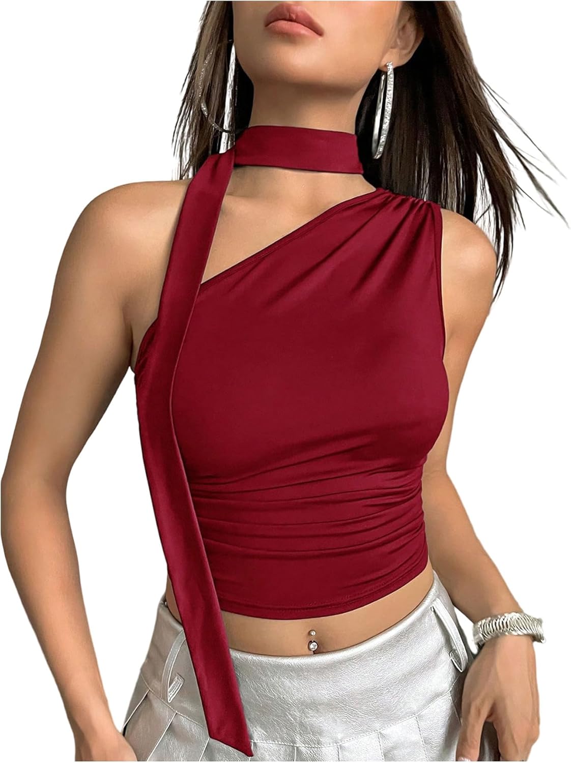 SweatyRocks Women's Y2k Off The Shoulder Crop Top Sleeveless Ruched Slim Fitted Tops with Scarf Going Out