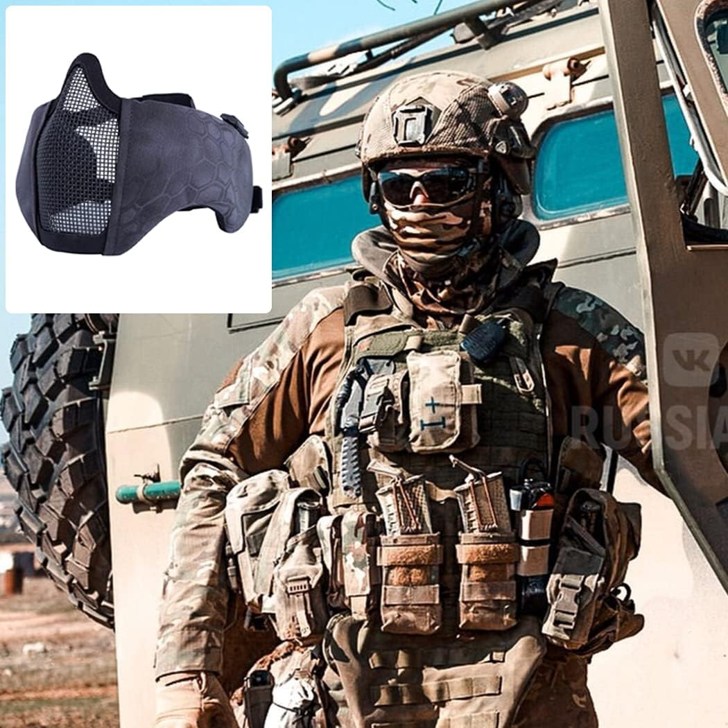 AOUTACC Foldable Airsoft Mesh Mask, Nylon Military Tactical Half Face Mesh Masks with Ear Cover Protection Adjustable CS Protective Lower Guardfor Mask CS Hunting Paintball Shooting