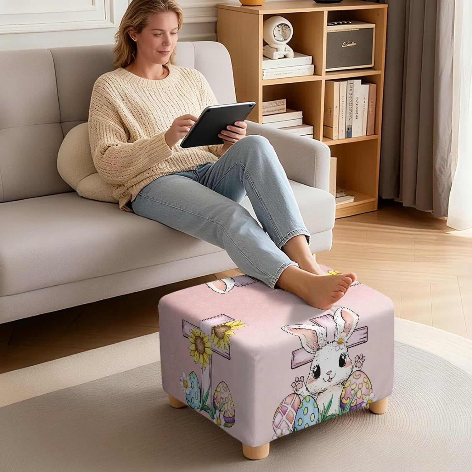 Easter Egg Bunny Cross Machine Washable Square Ottoman Cover 22x22 Non Slip Small Square Foot Stool Covers Stretch to Fit Removable Footrest Stool Sofa Slipcovers Folding Storage Footstool