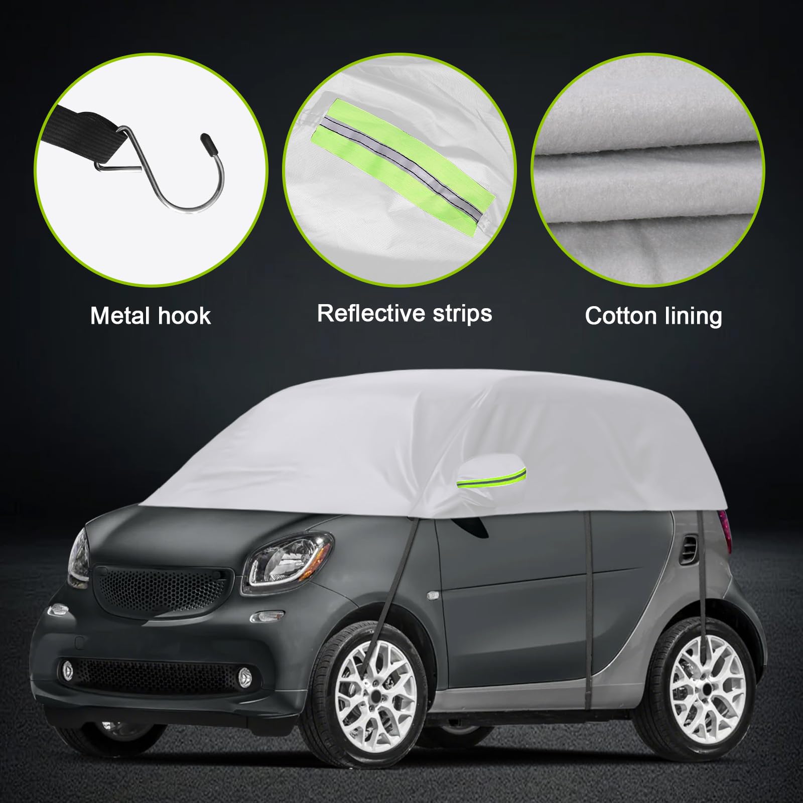 Halbgarage Autoabdeckung Wasserdicht Passend für Smart Fortwo 2006-2025, Atmungsaktiv Autoplane Regen Sonne Schnee Auto Abdeckplane Abdeckung Silber