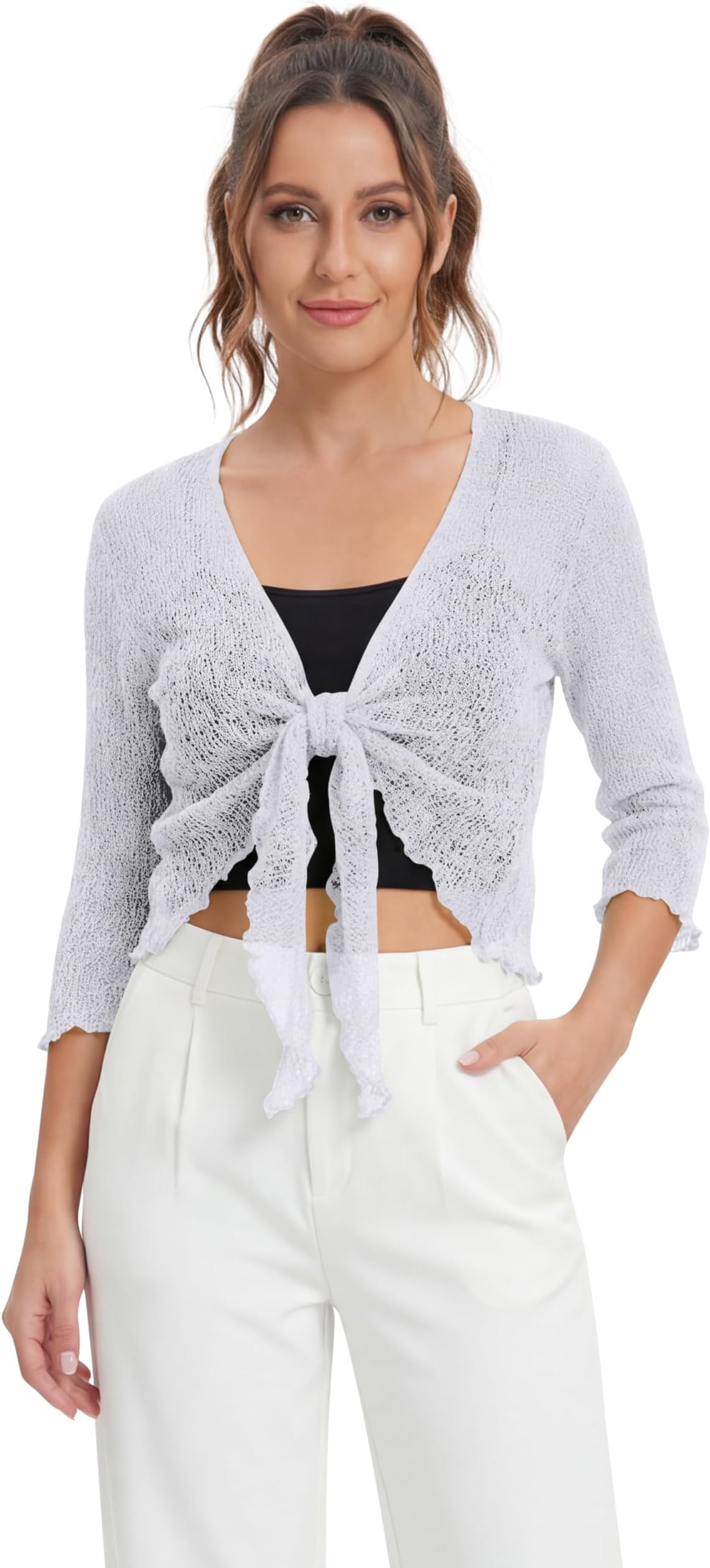 New Womens Plain Fish Net Knitted Tie Up Bolero Shrug Top Ladies Long Sleeve Stretchy Cardigan Blouse Lightweight One Size, Yellow, One Size