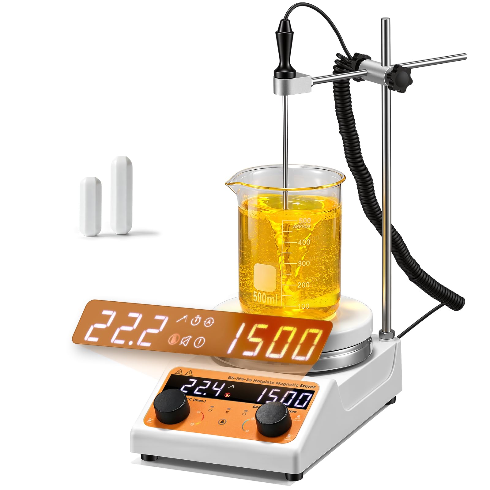 Bonvoisin Agitador Magnético con Placa Calefactora, 3L, 100-1500 rpm, 320W | Placa de 140 mm, Motor Sin Escobillas, Inversión Automática, Temporizador 0-99h59, LED, Silencioso, Incluye 2 Agitadores