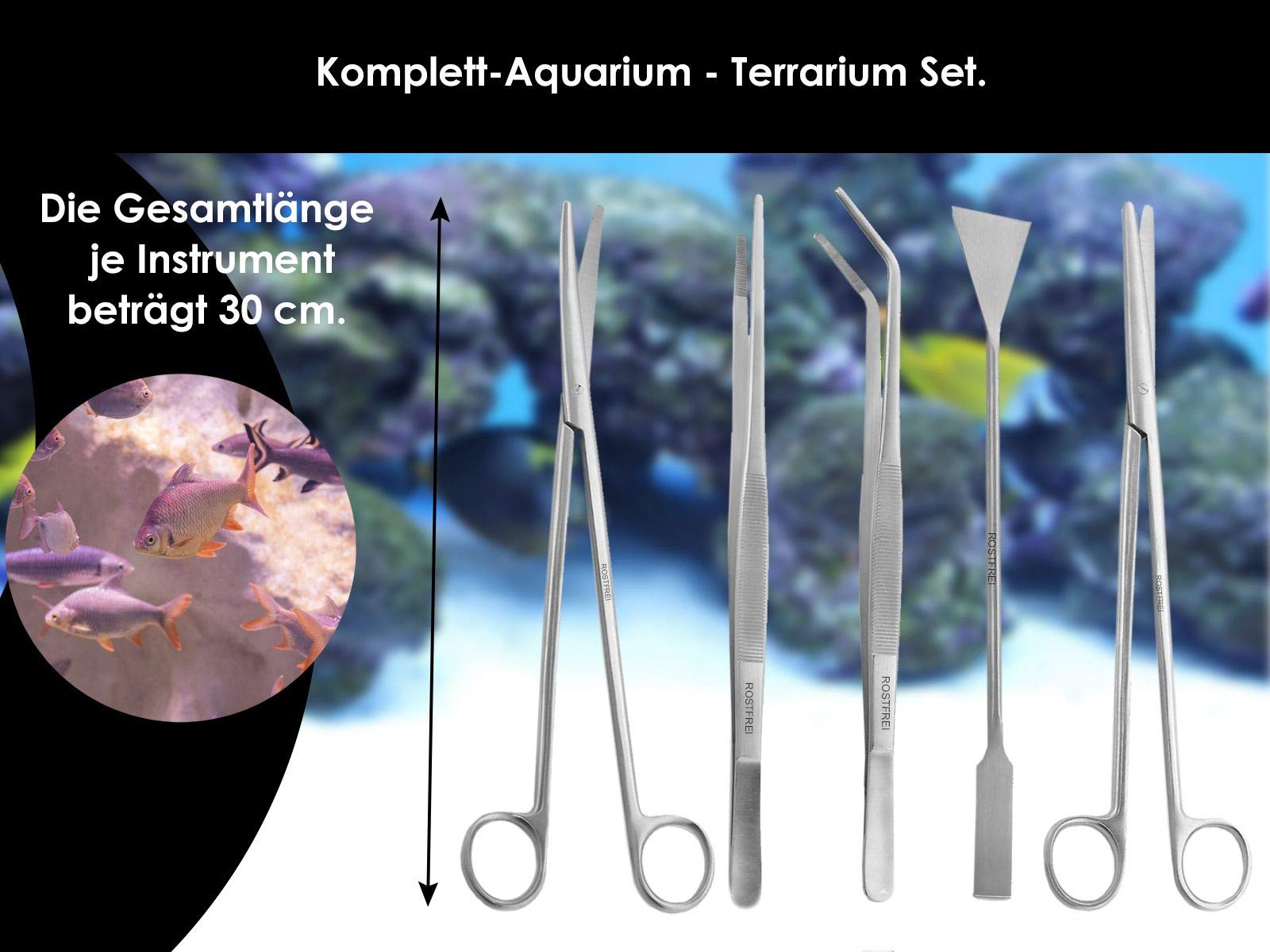 Komplett-Aquarium - Terrarium Set (Pflanzen-Pinzetten, Pflanzenschere, Kiesspatel im Etui), Edelstahl