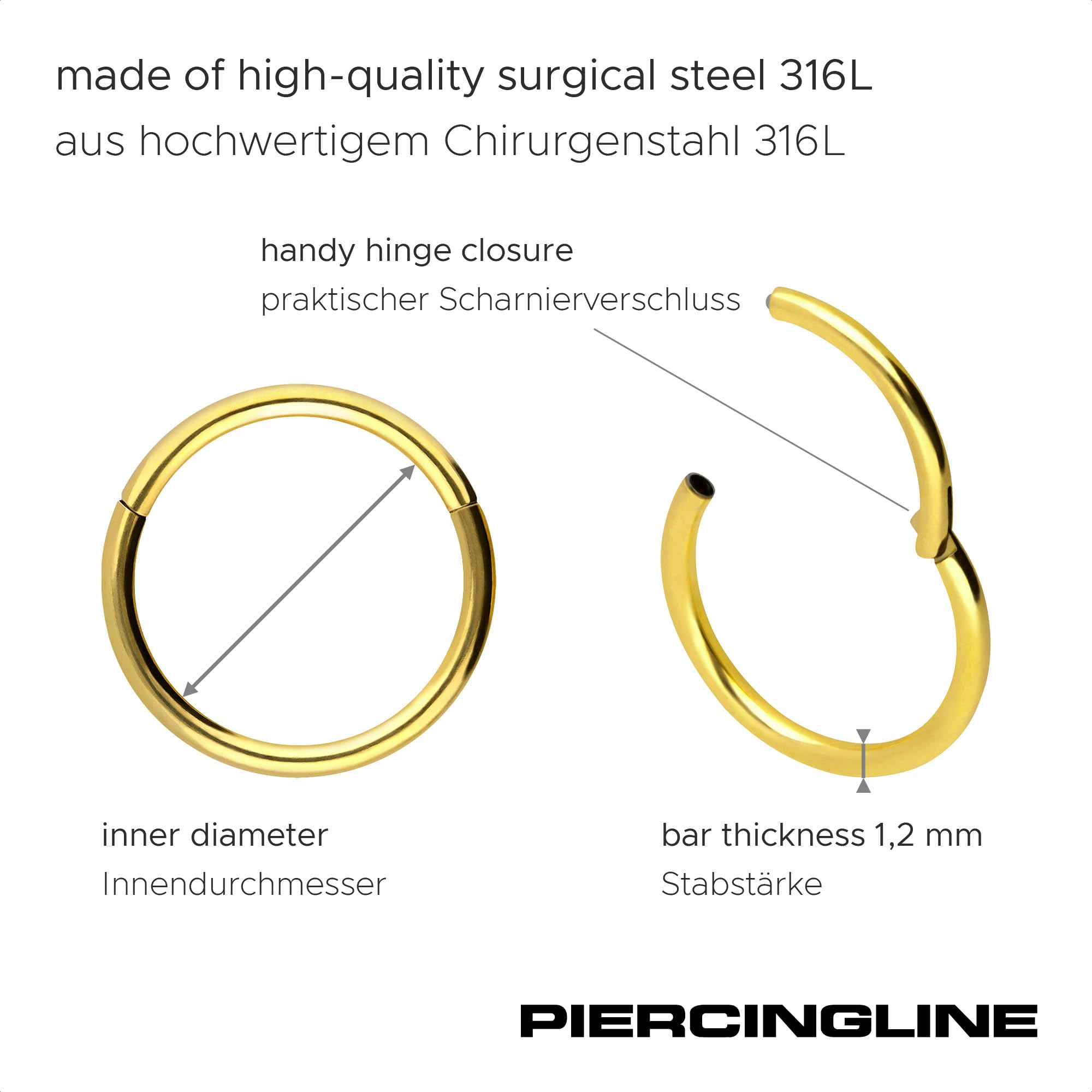 PIERCINGLINE Anillo segmento Clicker de acero quirúrgico – Piercing en oro, plata, rosa, negro o azul – para nariz, tabique, oreja, hélice o tragus — view 2