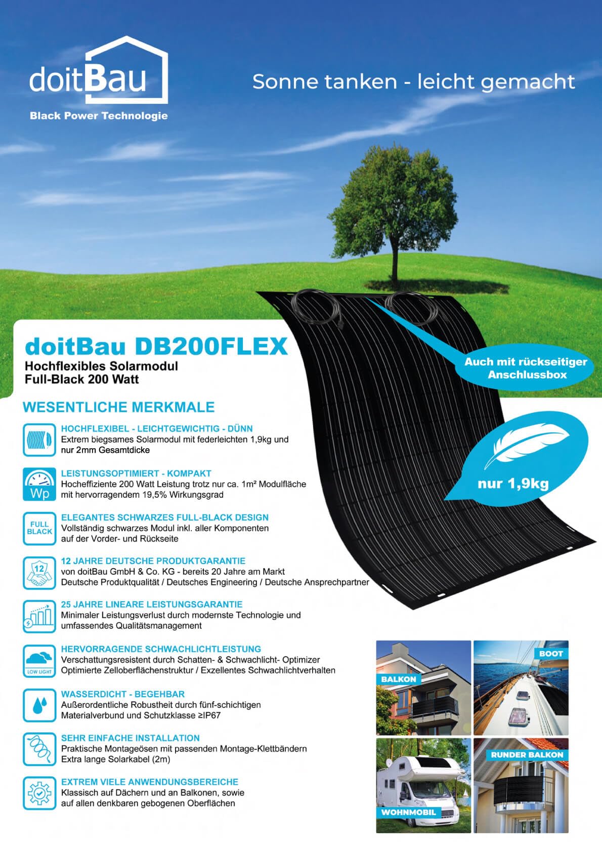 doitBau Modulo solare flessibile 200 W Full-Black - ultra sottile 2 mm, 1,9 kg - 1352 × 770 mm per camper, barca, balcone e tetto