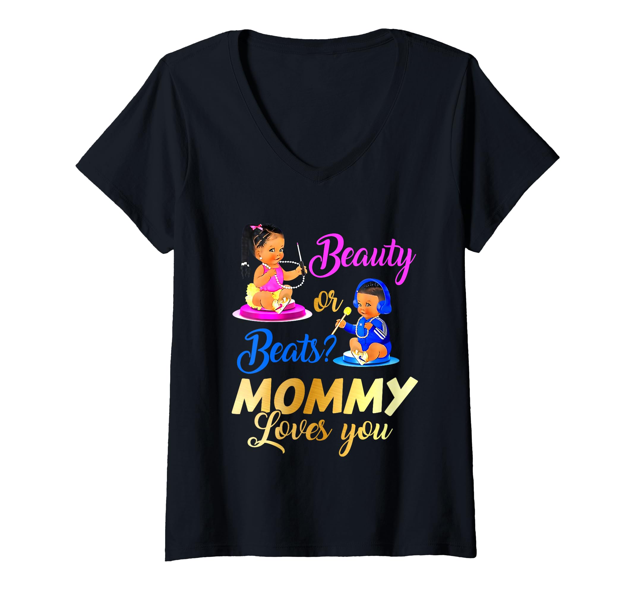 Womens Cute Beauty Or Beat Mommy Loves You - Gender Reveal Party V-Neck T-Shirt