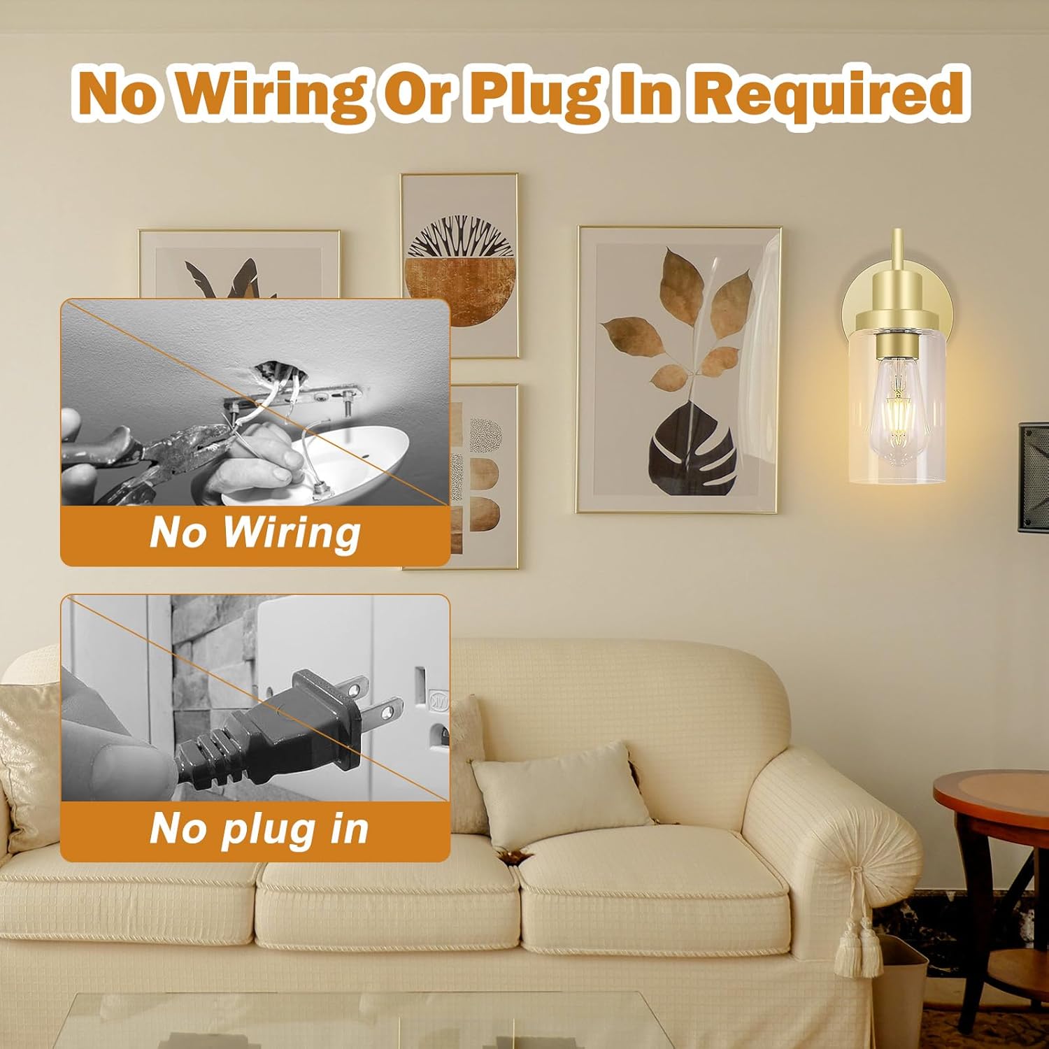 Battery Operated Wall Sconce Set of Two, Wireless Glass Lampshade Sconces with Remote Control 3 Color Temperature Dimmable, Industrial Vintage Decor Wall Lighting Fixture, E26 Bulb Included, Gold