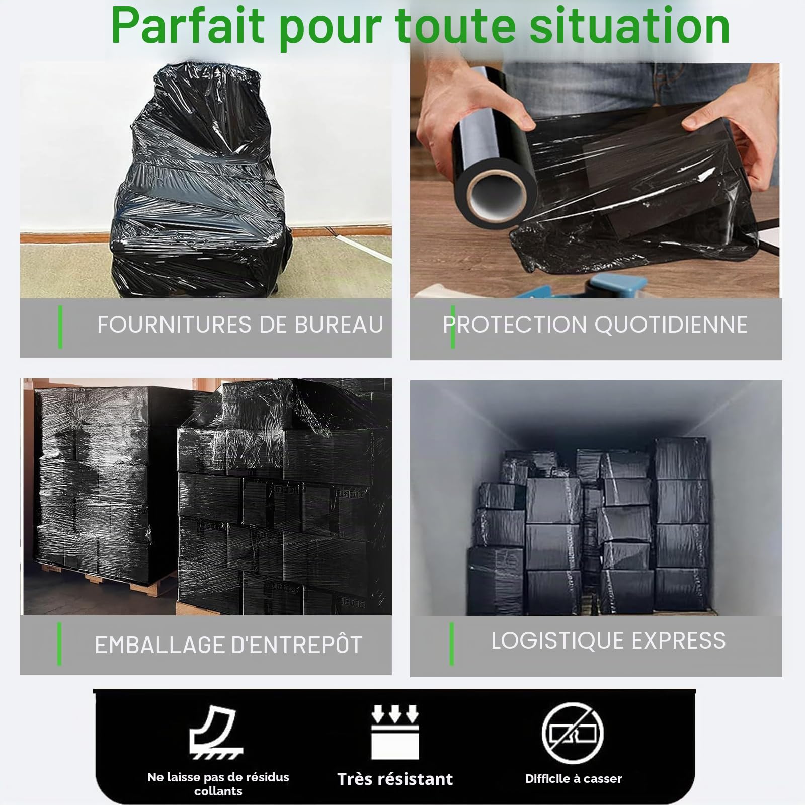 Film Étirable Noir pour Déménagement et Emballage - 38,1 cm x 304,4 m - Film Palette en Plastique de Protection Haute Résistance - 60 Gauge (15μm) (4 Rolle)