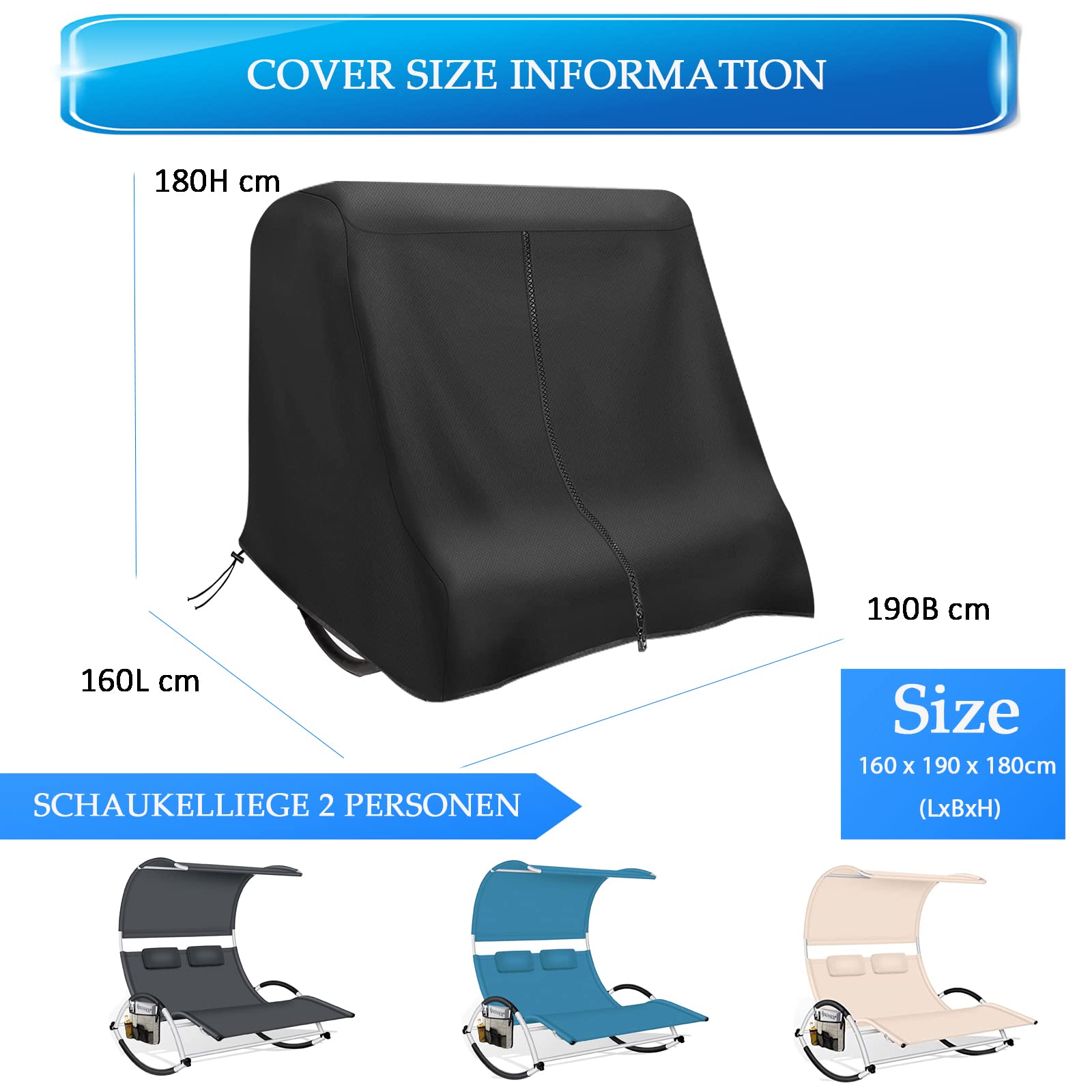 Copertura dondolo per 2 persone, 160x190x180 cm, 420D, doppia, impermeabile, antivento, UV resistente