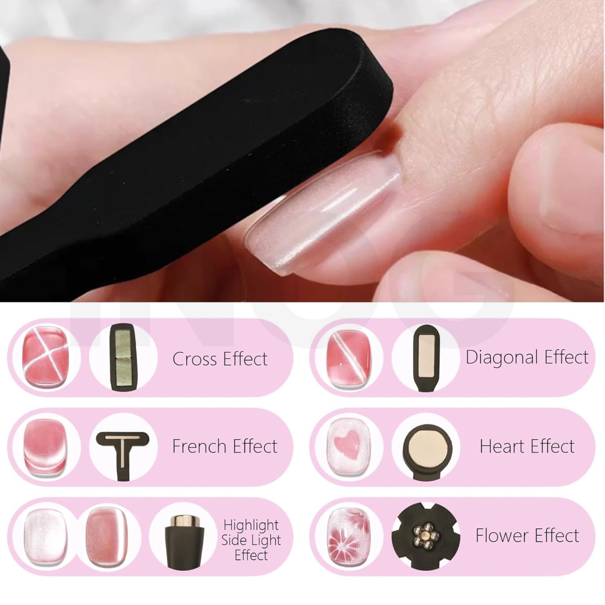 INOG Nail Magnet Tool, Super Long Double-head Nail Magnet Pens Magnet Stick 3D Magnetic Cat Eye Gel Polish Nail Art, for DIY 3d Magnetic, Salon, Studio or Home (6 in 1) 1