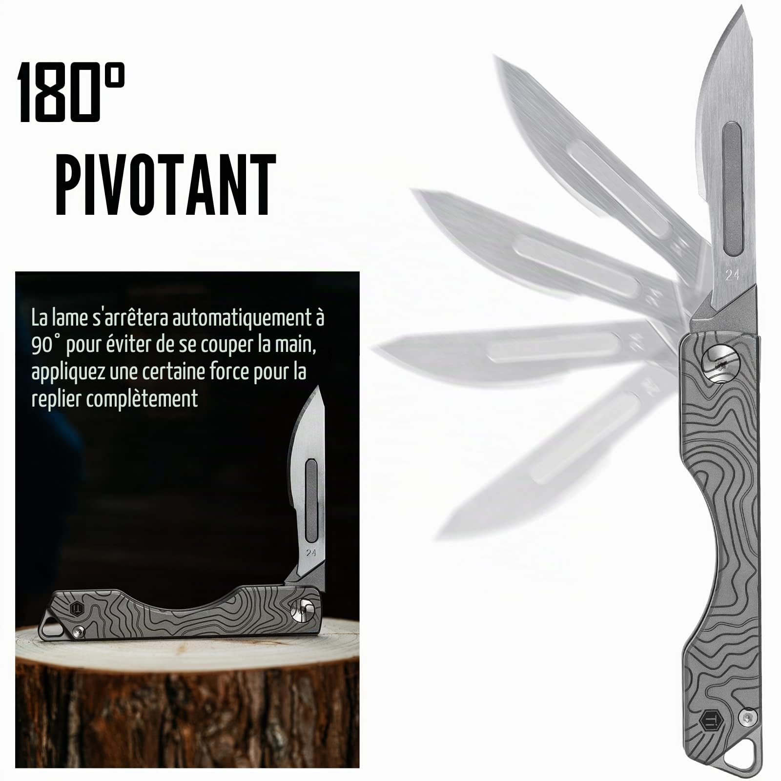 KeyUnity KK01 Couteau pliant en titane, couteau de poche EDC utilitaire avec lame interchangeable #24, pour la le camping, la pêche, la randonnée (Modèle Suminagashi)