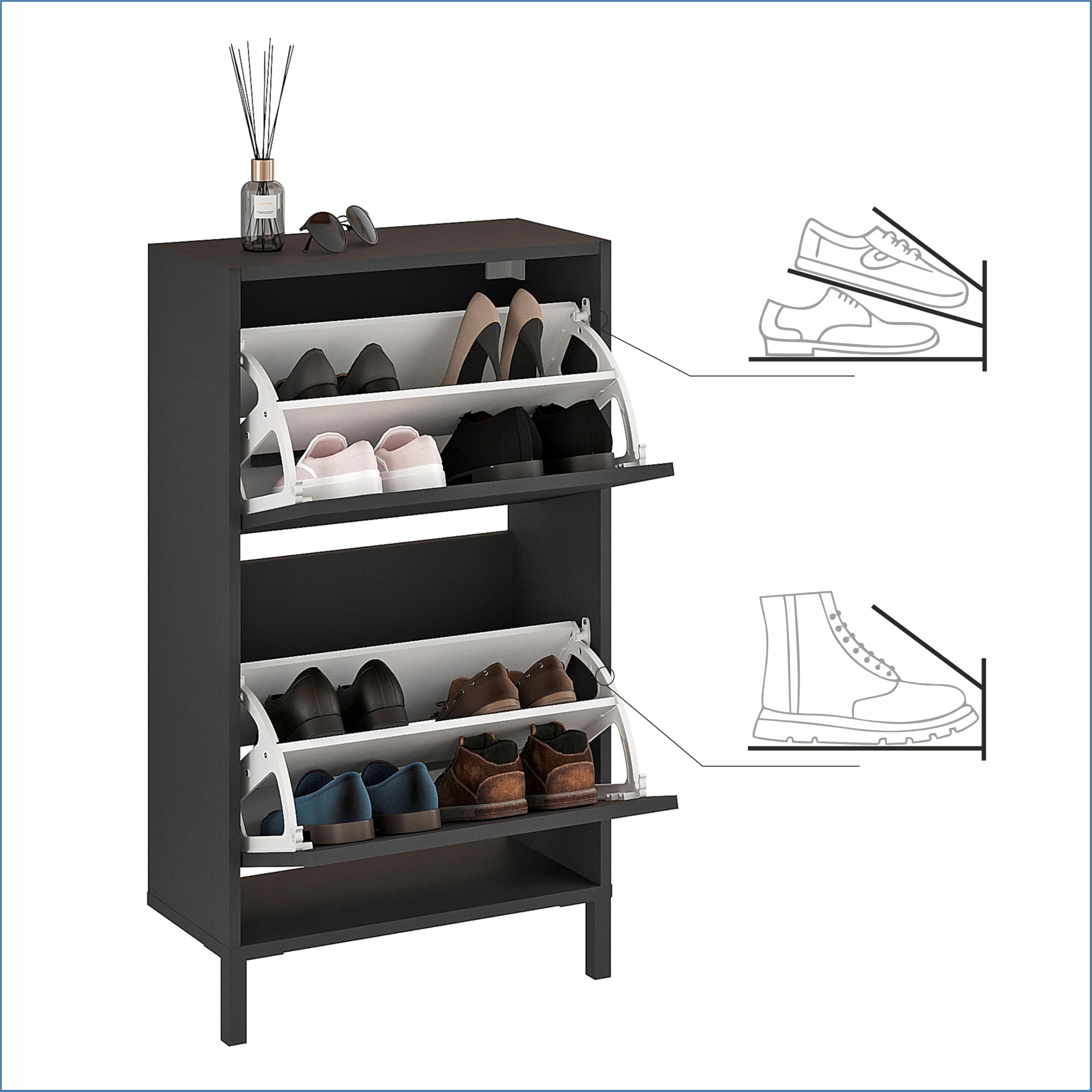 KOMTO Szafka Na Buty Antracyt Wąska – Szafka Uchylna Na Obuwie Z 2 Klapami, Komoda Na Buty, Organizer Do Przedpokoju| Trek 55 X 25 X 96 Cm