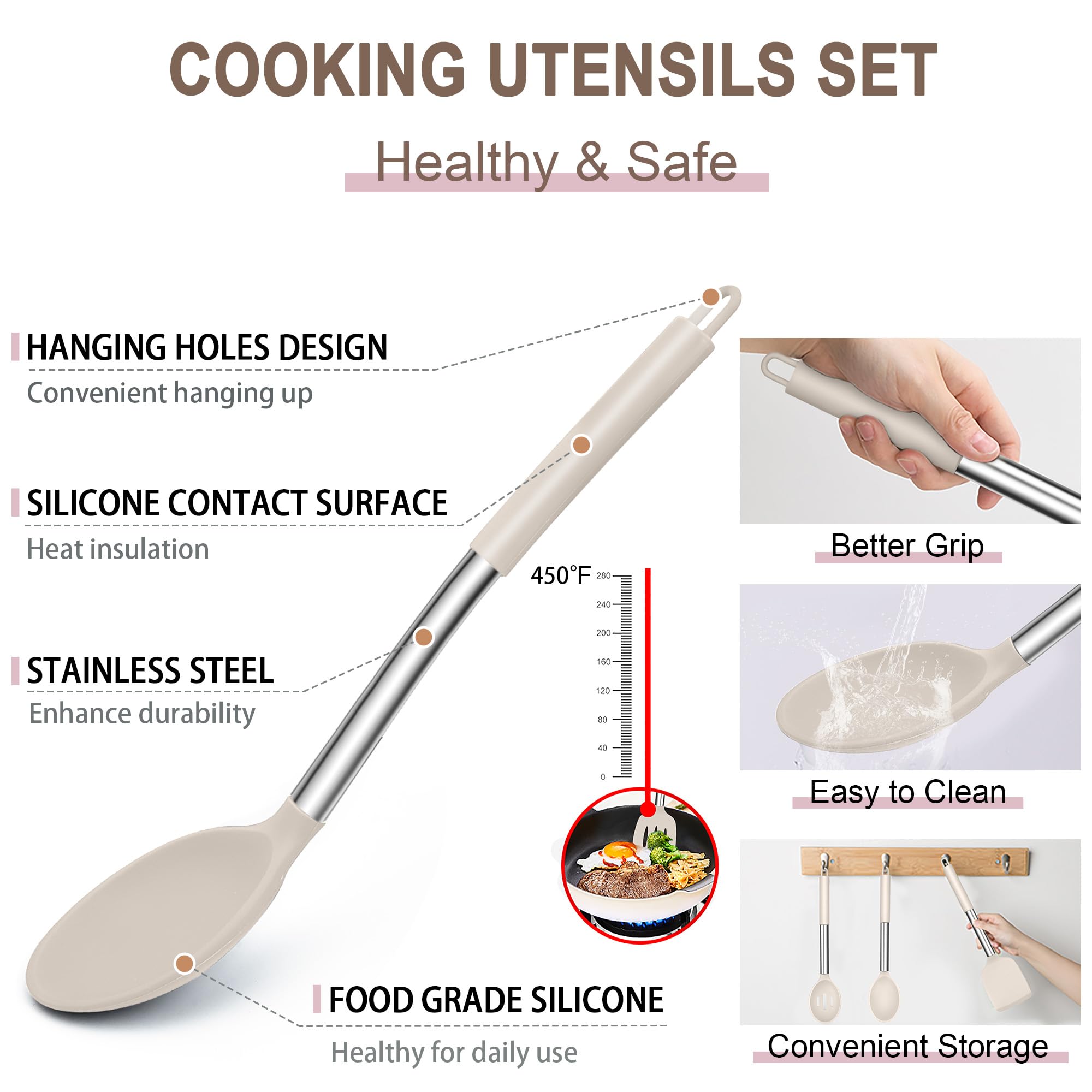E-far Juego de 14 utensilios de cocina de silicona caqui