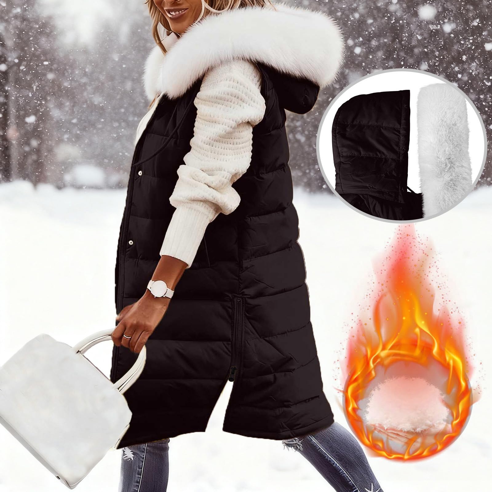 Chaleco acolchado para mujer, talla grande, para otoño e invierno, longitud media, abrigo acolchado con cremallera completa, cálido, sin mangas, chaqueta térmica con cremallera lateral, chaleco de