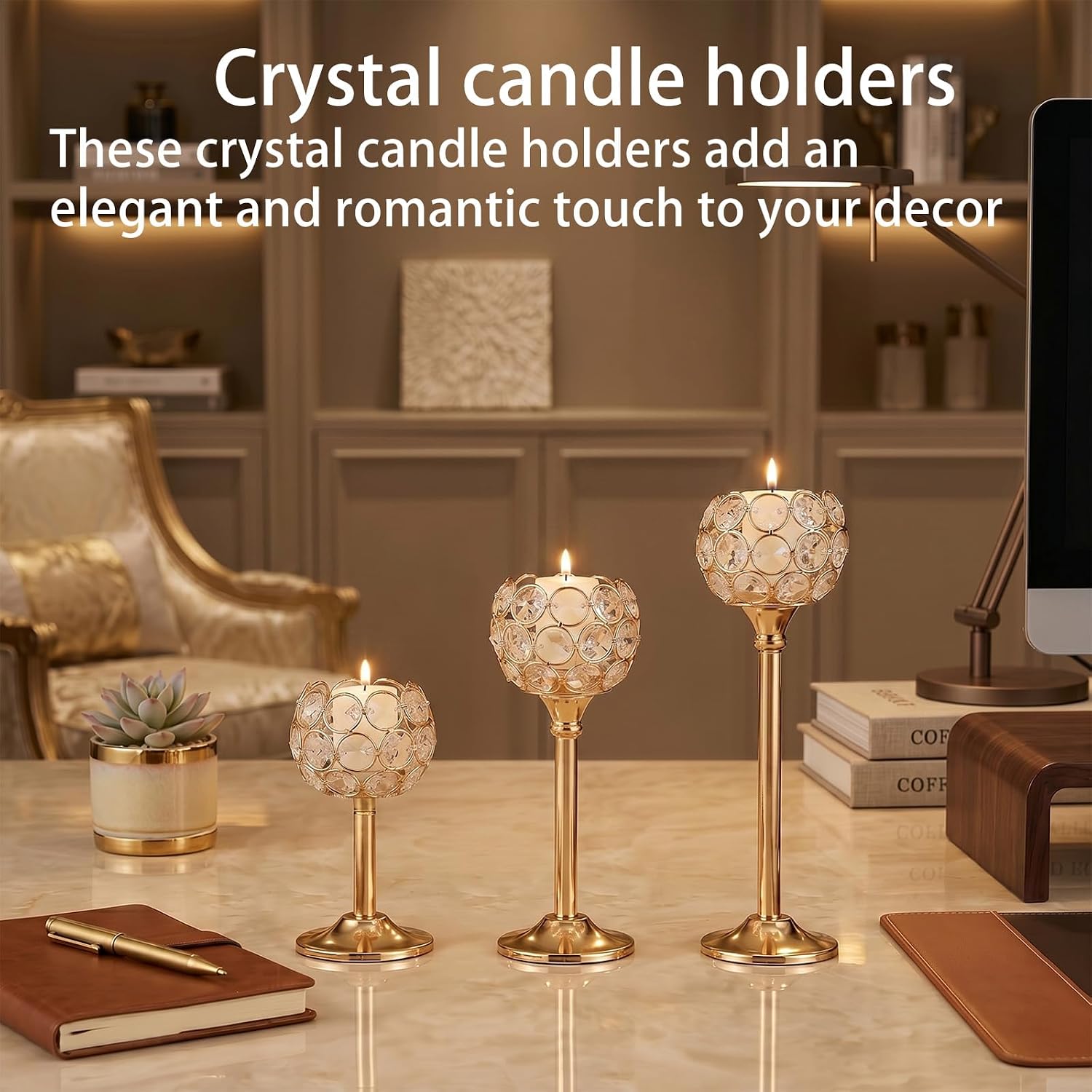 21 Pcs Crystal Candle Holders, Gold Decorative Tealight Candle Stick Holder Bulk Centerpieces, 7 Pcs for Each of 3 Sizes 5.9/8.8/10.6 x 3.15 Inch, for Dining Table Wedding Party Celebration