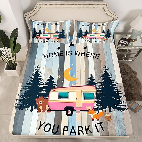 Vista 38 de Erosebridal Juego de sábanas de Happy Camping King, accesorios para cámper para niños, adolescentes y adultos, sábana bajera ajustable de dibujo