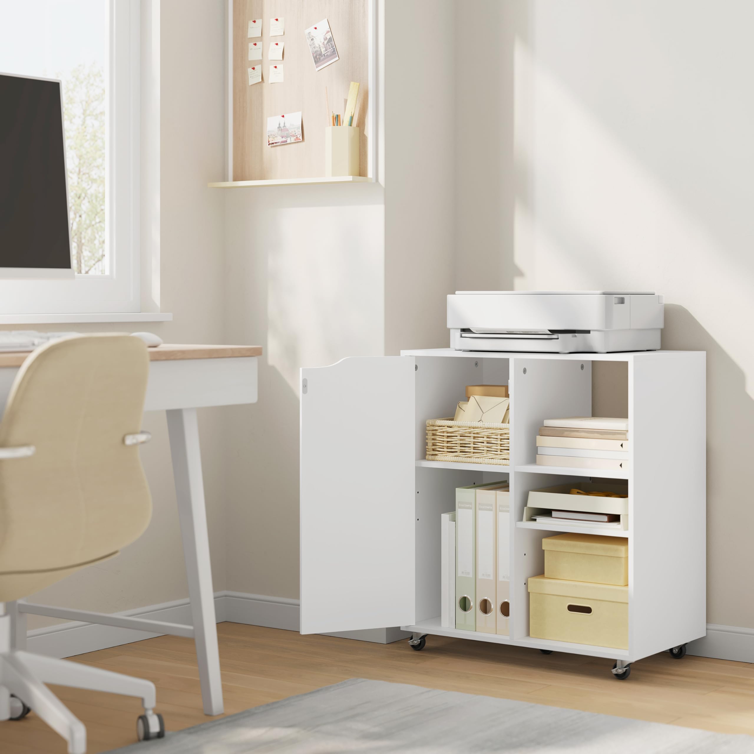 WOLTU Aktenschrank mit Rollen, Druckertisch mit 3 offenen Fächern, 1 Tür, verstellbaren Ablagen, für Zuhause und Büro, 60x70x35 cm, Weiß