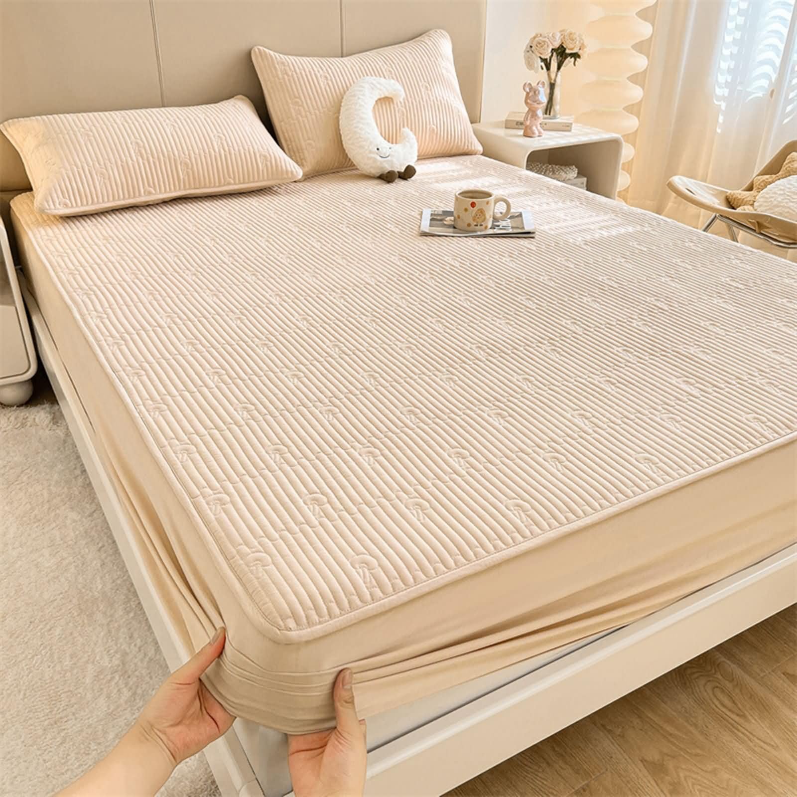 Spannbetttücher 120x200, Einfarbig Bettzeug Spannbettlaken mit 2 Kopfkissenbezügen aus Polyester Baumwolle für Boxspringbetten, Helles Khaki