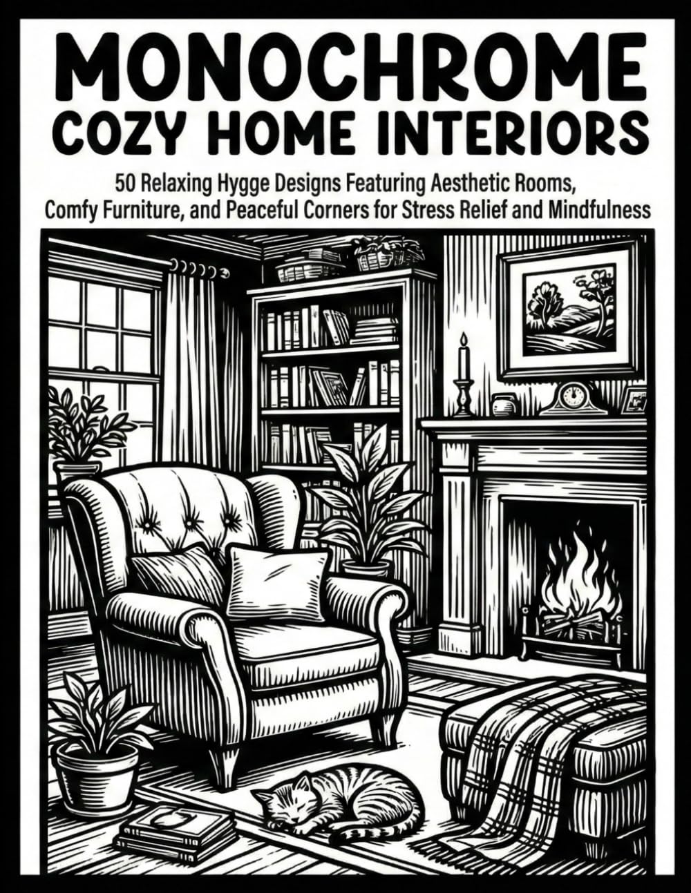 Monochrome Cozy Home Interiors coloring book: 50 Relaxing Hygge Designs Featuring Aesthetic Rooms, Comfy Furniture, and Peaceful Corners for Stress Relief and Mindfulness
