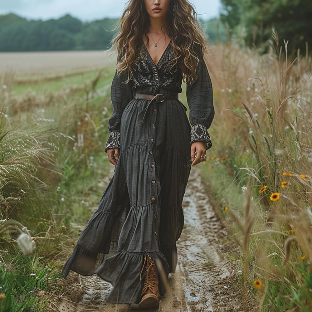 Women's Vintage Western Cowgirl Maxi Dress Long Sleeve Sexy Deep V Flowy  Long Dress Fall Casual Dress,Black,S at Amazon Women's Clothing store