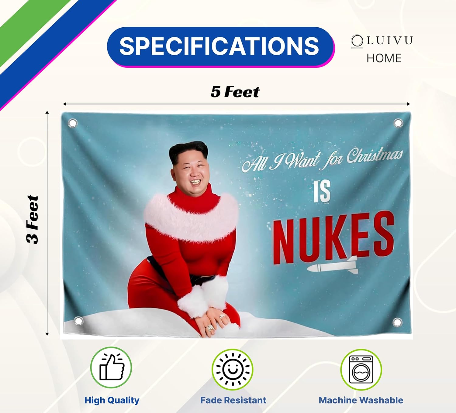 3x5 Ft Kim Meme Polyester Flag with Four Brass Grommets - Single Sided Banner All I Want for Christmas is Nukes - Funny Flag for College Party Indoor Decoration - Jong Cool Flags for Decor Boys Room - Image 2